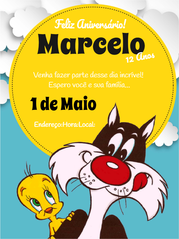 Convite Aniversário Piu Piu e Frajola para Editar Online Convite Aniversário Piu Piu e Frajola para Editar Online