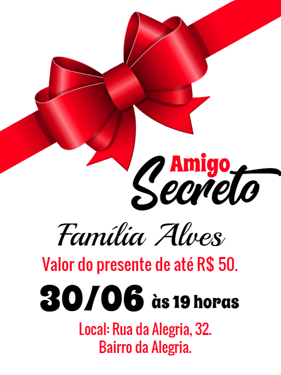 Convite Amigo Secreto com Laço Vermelho para Editar Online Convite Amigo Secreto com Laço Vermelho para Editar Online