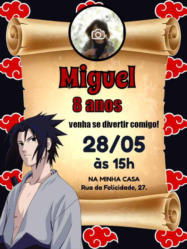 Convite Aniversário Sasuke Uchiha com Foto para Editar Online Convite Aniversário Sasuke Uchiha com Foto para Editar Online