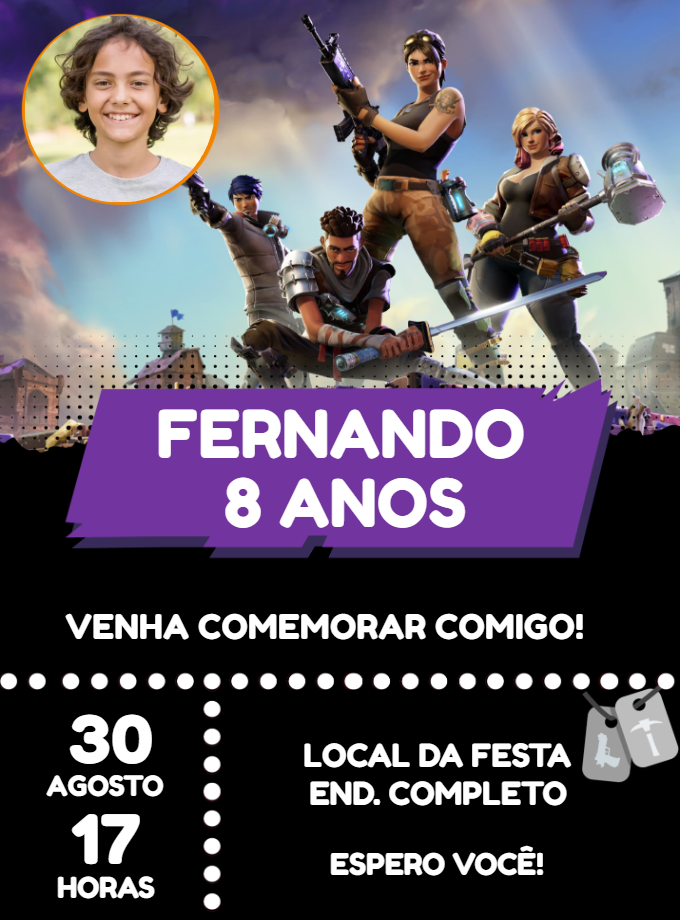 Convite de Aniversário Fortnite com Foto para Editar Online Convite de Aniversário Fortnite com Foto para Editar Online