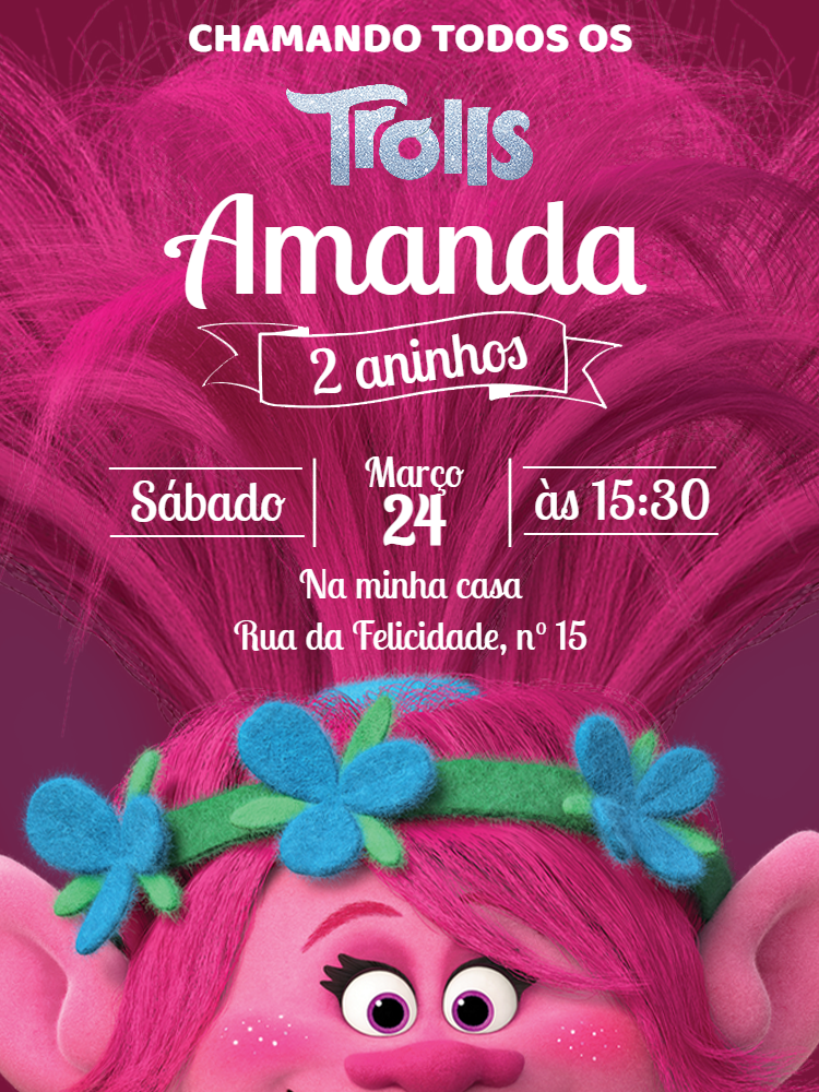 Convite de Aniversário Trolls da Poppy para Editar Online Convite de Aniversário Trolls da Poppy para Editar Online