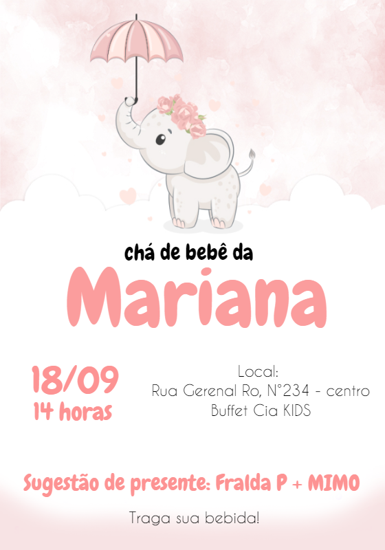 Convite Chá de Bebê Elefantinha Aquarela para Editar Online Convite Chá de Bebê Elefantinha Aquarela para Editar Online