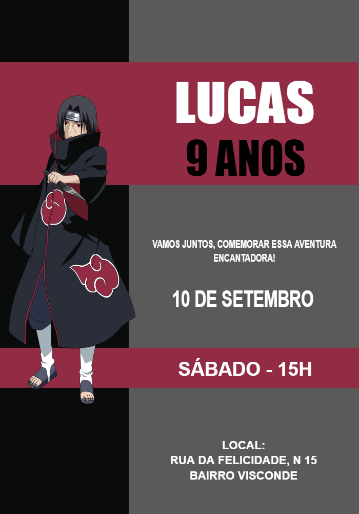 Convite de Aniversário Itachi Uchiha para Editar Online Convite de Aniversário Itachi Uchiha para Editar Online