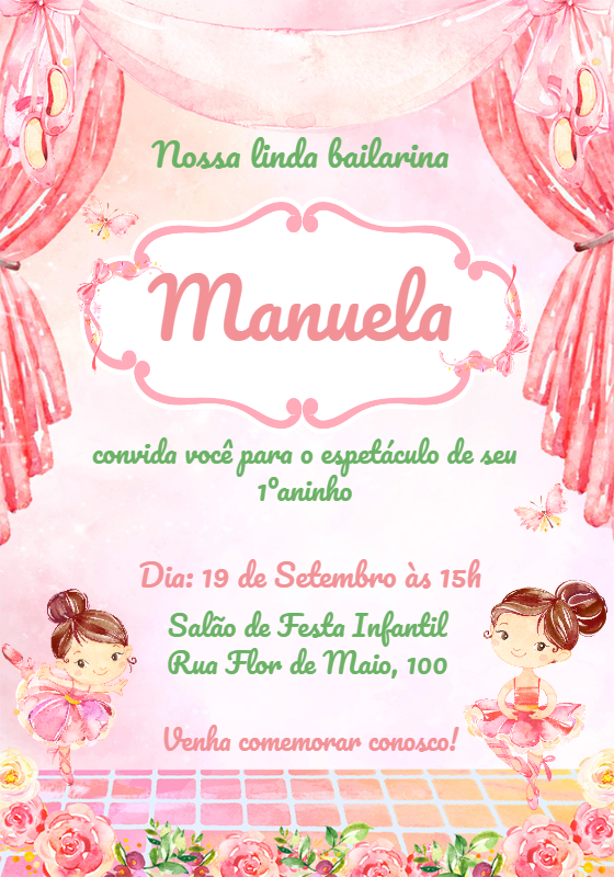 Convite Aniversário Bailarina Aquarela para Editar Online Convite Aniversário Bailarina Aquarela para Editar Online