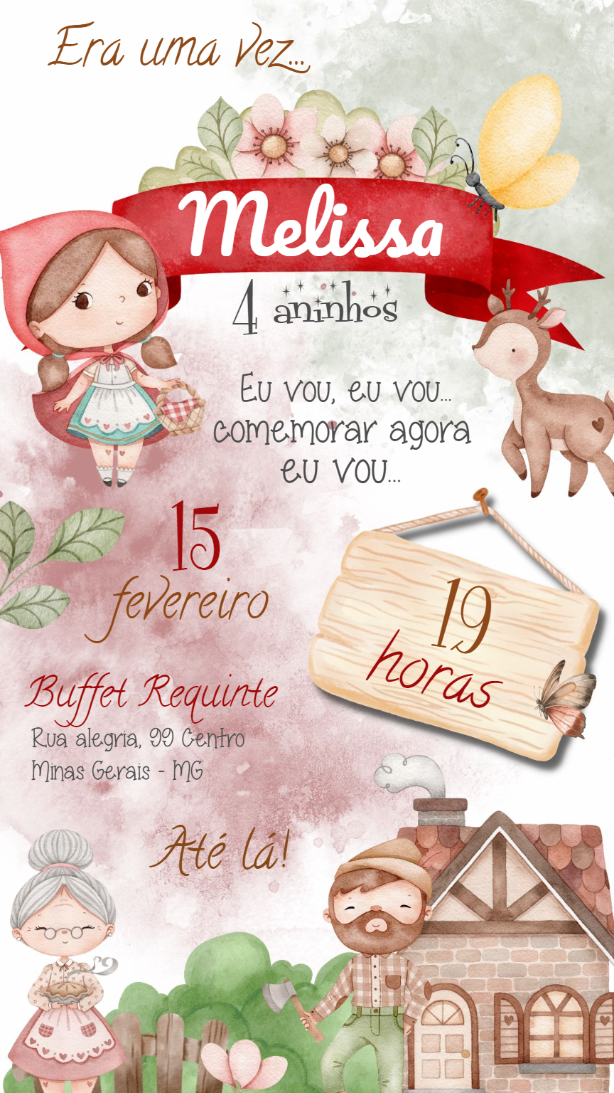 Convite Aniversário Chapeuzinho Vermelho Aquarela para Editar Convite Aniversário Chapeuzinho Vermelho Aquarela para Editar
