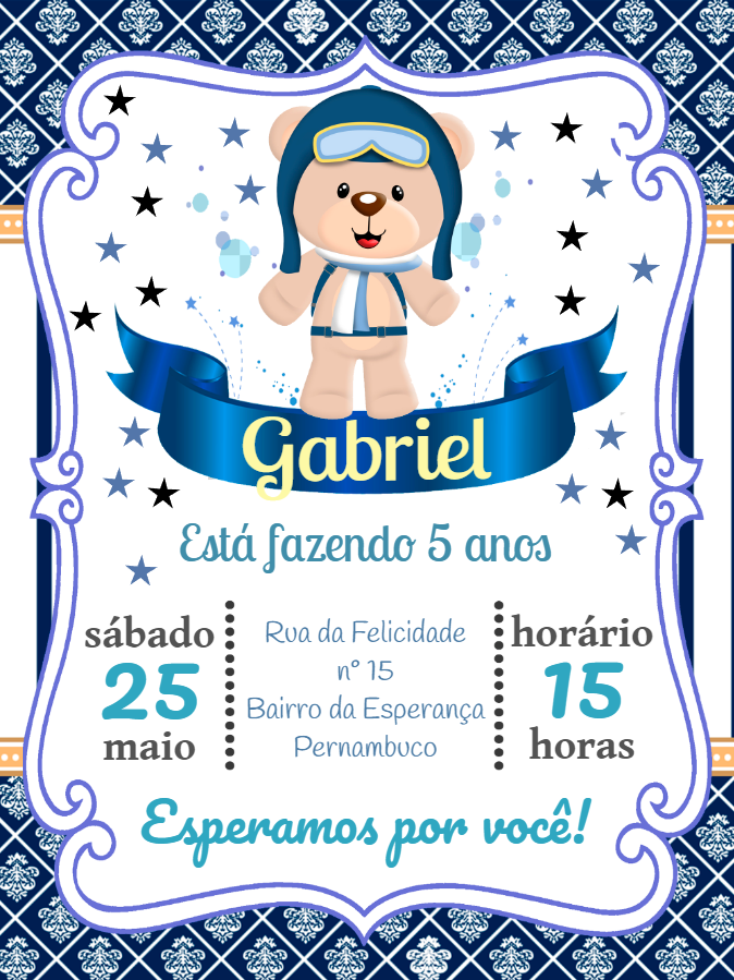 Convite Aniversário Ursinho Aviador para Editar Online Convite Aniversário Ursinho Aviador para Editar Online