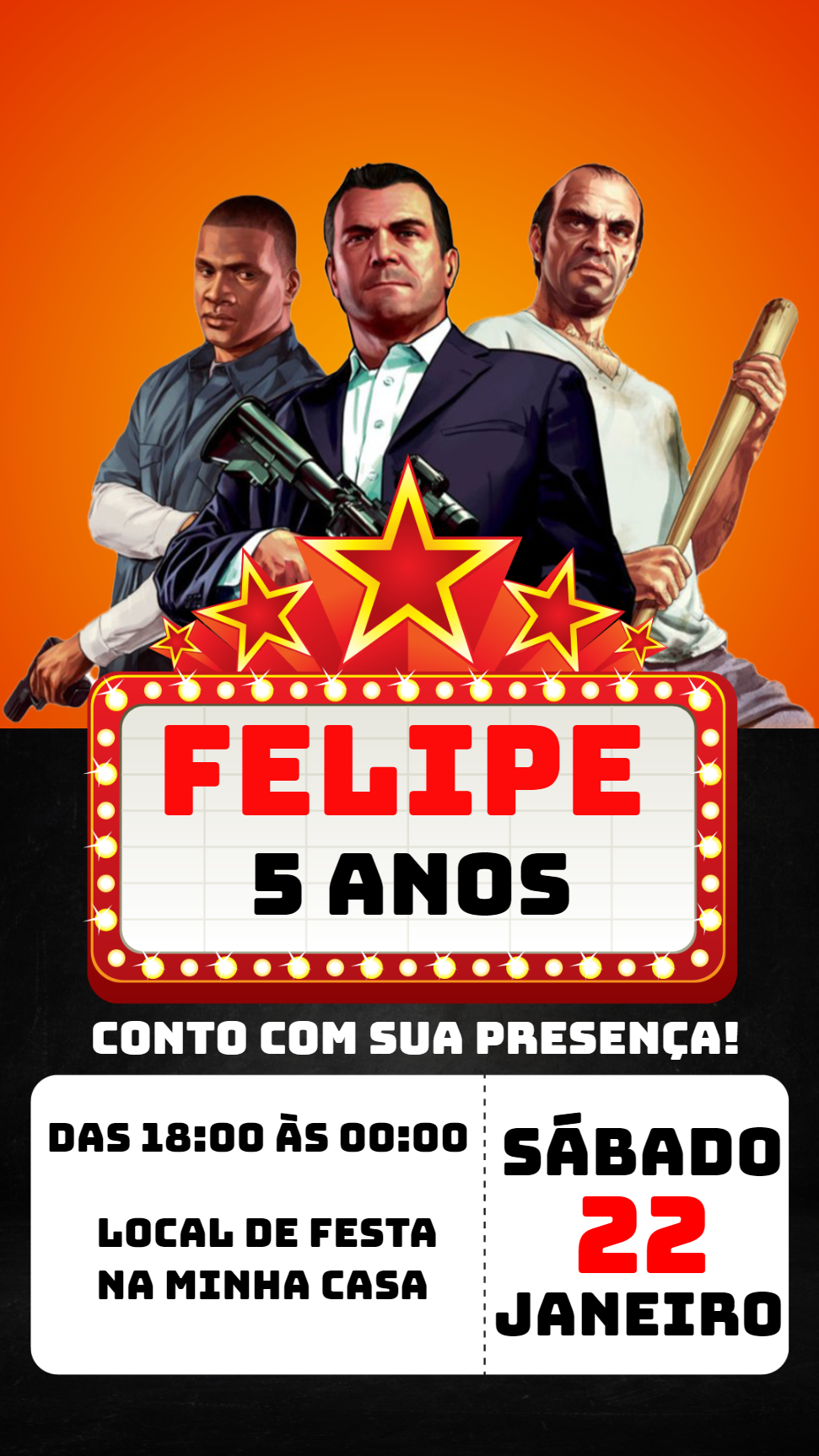 Convite de Aniversário GTA com Personagens para Editar Online Convite de Aniversário GTA com Personagens para Editar Online