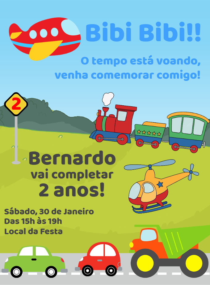 Convite Aniversário Meios de Transporte Infantil para Editar Online Convite Aniversário Meios de Transporte Infantil para Editar Online
