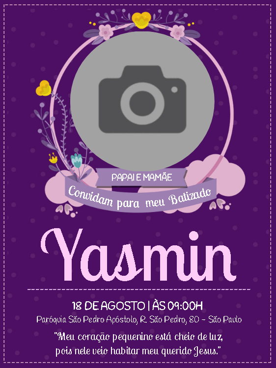 Convite de Batizado Roxo com Foto para Editar Online