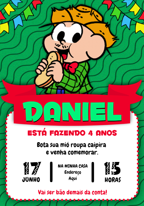 Convite Aniversário Festa Junina Cebolinha Editável Online Convite Aniversário Festa Junina Cebolinha Editável Online