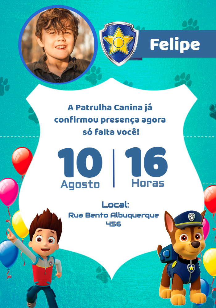 Convite Aniversário Patrulha Canina com Foto para Editar Online Convite Aniversário Patrulha Canina com Foto para Editar Online