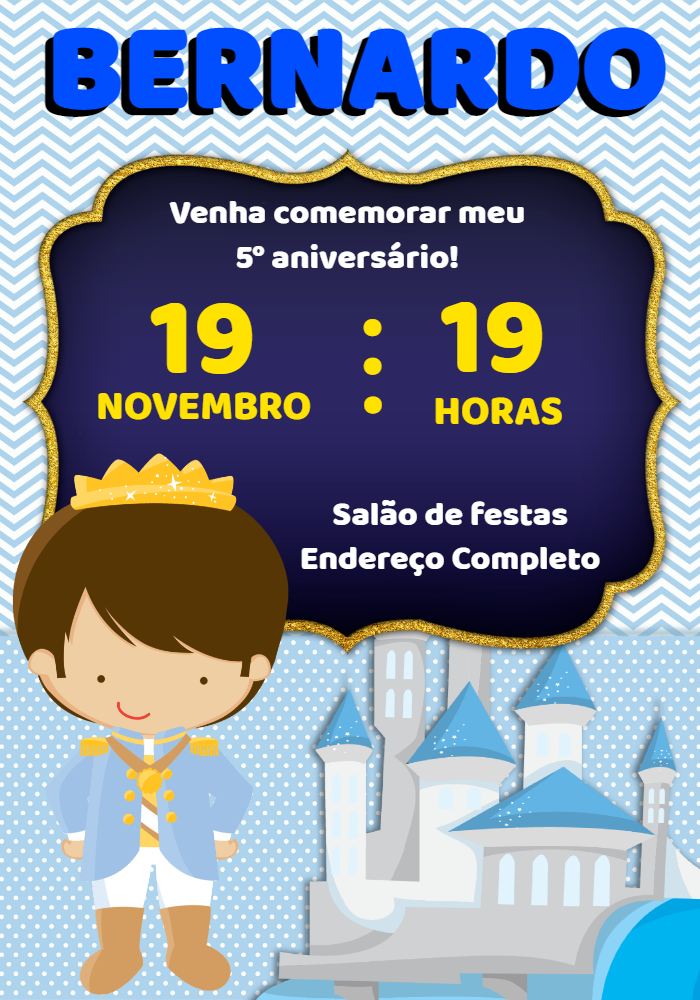 Convite Editável Online Aniversário Príncipe Realeza Convite Editável Online Aniversário Príncipe Realeza