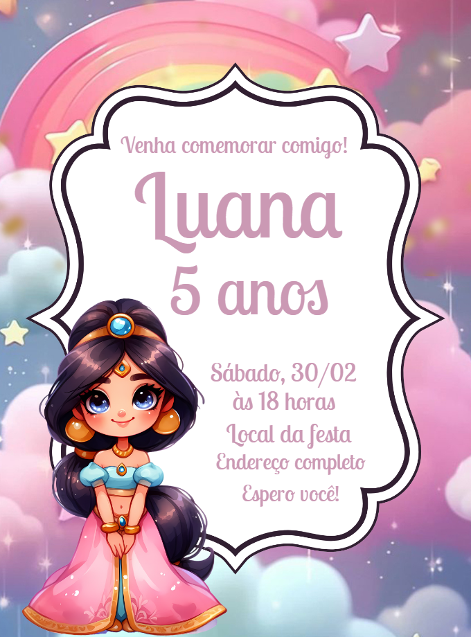 Convite de Aniversário Princesa Jasmine para Editar Online Convite de Aniversário Princesa Jasmine para Editar Online
