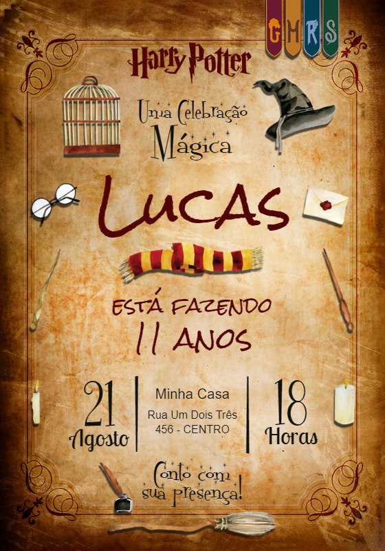 Convite Aniversário Harry Potter Mágico para Editar Online Convite Aniversário Harry Potter Mágico para Editar Online