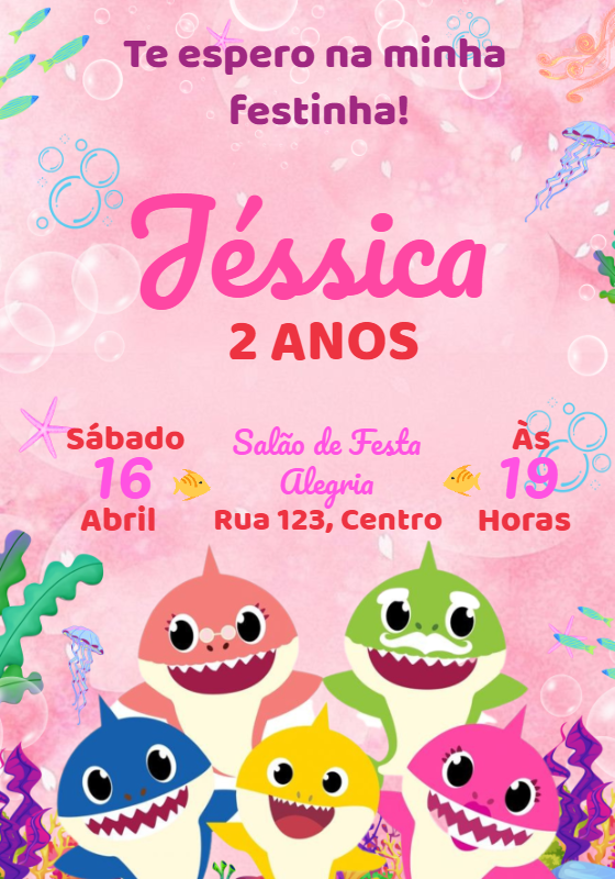 Convite Aniversário Baby Shark Menina para Editar Online Convite Aniversário Baby Shark Menina para Editar Online