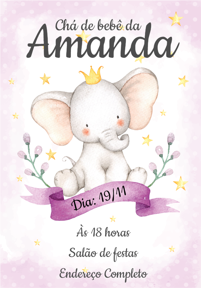 Convite Chá de Bebê Elefantinha Coroa para Editar Online Convite Chá de Bebê Elefantinha Coroa para Editar Online