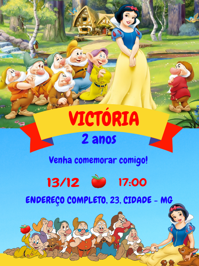 Convite Aniversário Branca de Neve e os 7 Anões para Editar