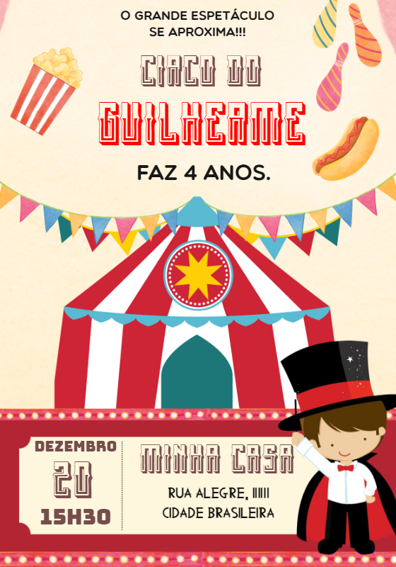Convite Aniversário Circo do Mágico para Editar Online Convite Aniversário Circo do Mágico para Editar Online