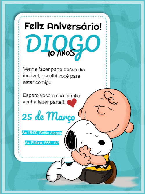 Convite Aniversário Snoopy e Charlie Brown para Editar Online Convite Aniversário Snoopy e Charlie Brown para Editar Online