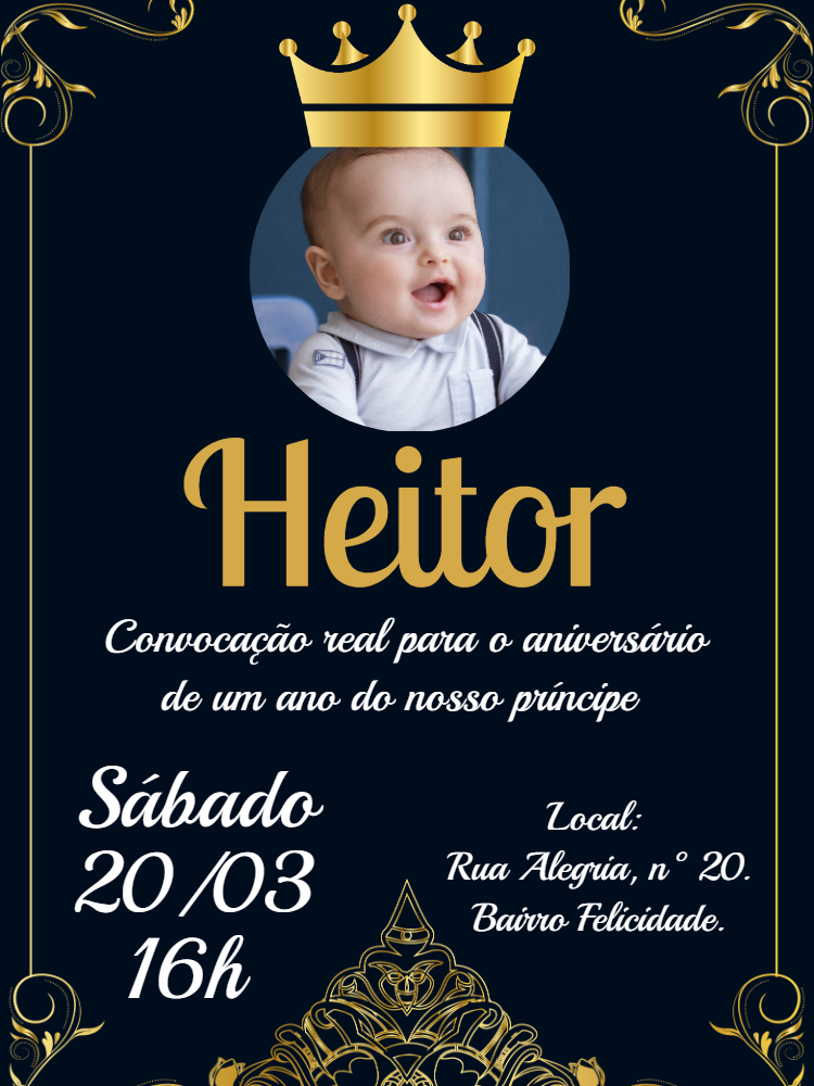 Convite Aniversário Realeza com Foto para Editar Online Convite Aniversário Realeza com Foto para Editar Online
