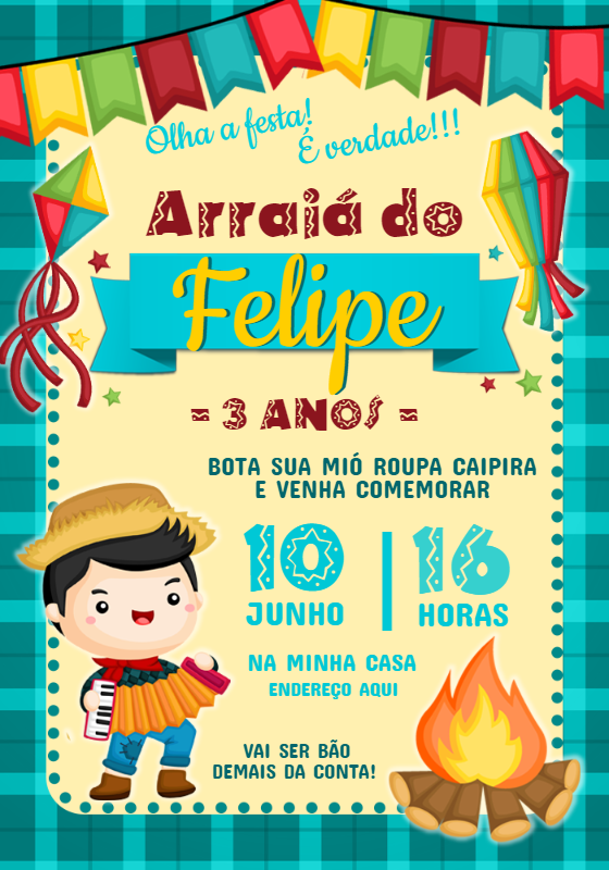 Convite Aniversário Festa Junina Menino Caipira para Editar Convite Aniversário Festa Junina Menino Caipira para Editar