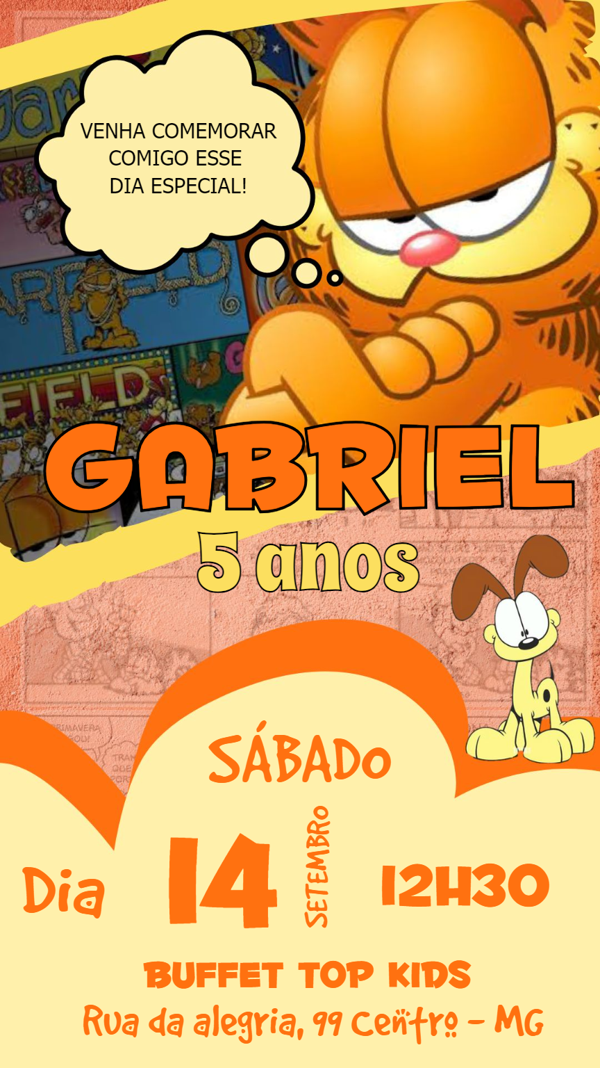 Convite de Aniversário Garfield com Personagens para Editar Online Convite de Aniversário Garfield com Personagens para Editar Online