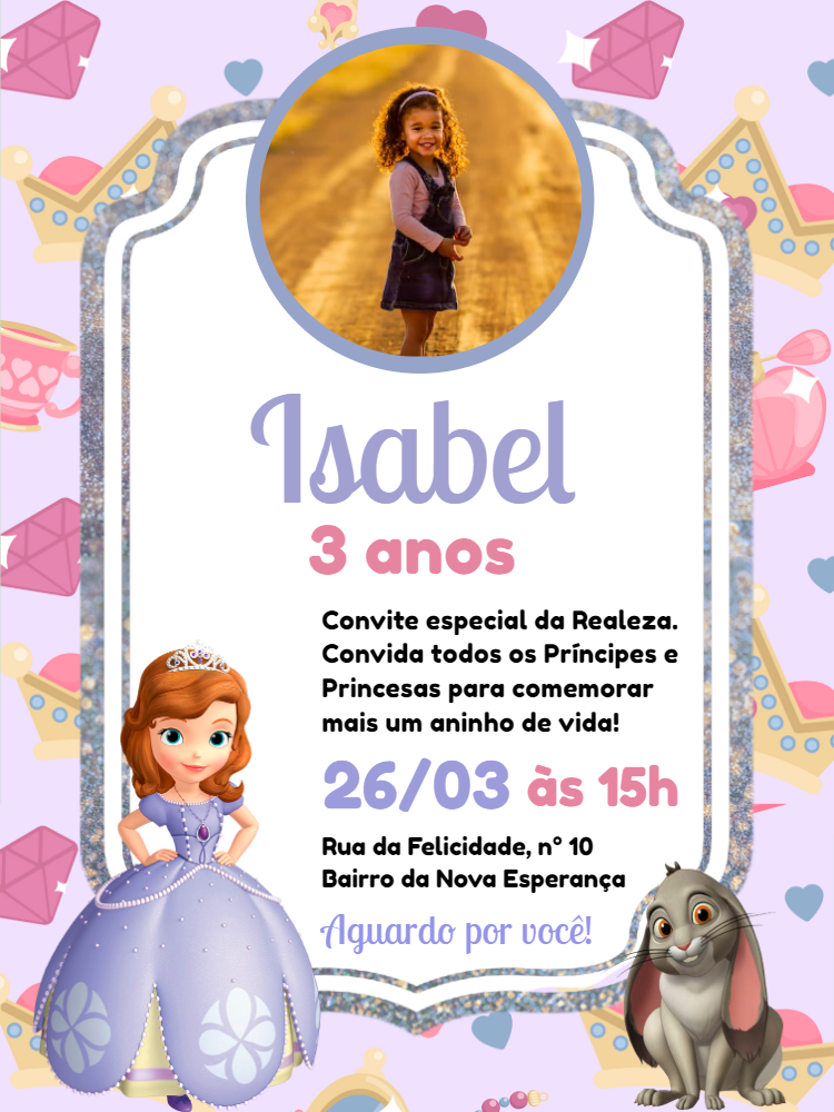 Convite Aniversário Princesa Sofia com Foto para Editar Online Convite Aniversário Princesa Sofia com Foto para Editar Online