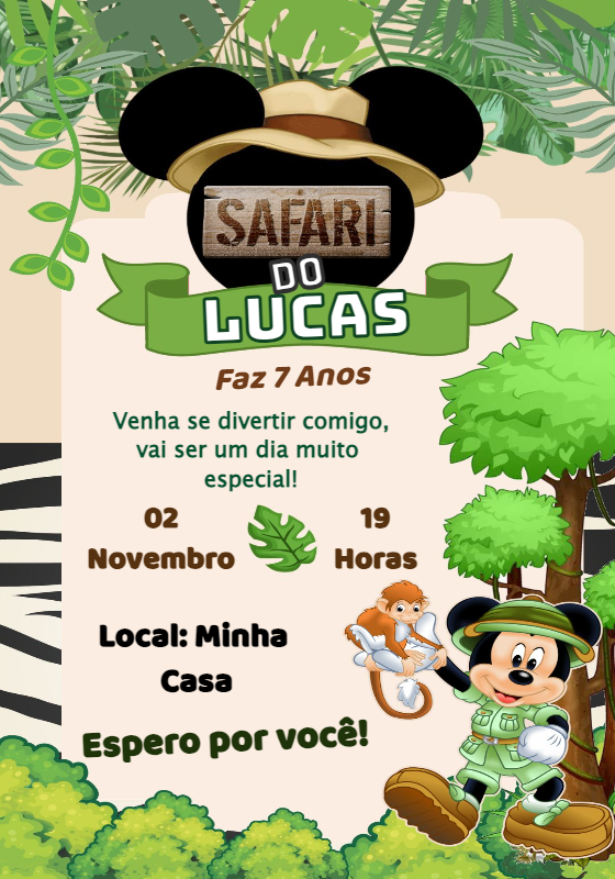 Convite Aniversário Safari do Mickey para Editar Online Convite Aniversário Safari do Mickey para Editar Online