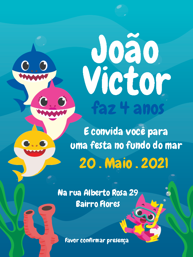 Convite de Aniversário Baby Shark Fundo do Mar para Editar Convite de Aniversário Baby Shark Fundo do Mar para Editar