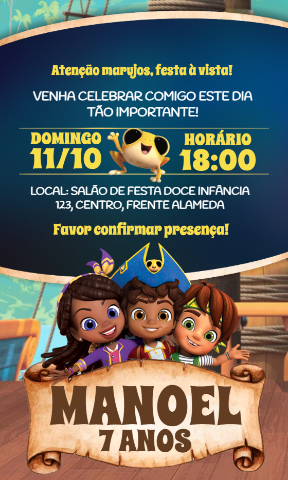 Convite Aniversário Santiago dos Mares com Personagens para Editar Convite Aniversário Santiago dos Mares com Personagens para Editar