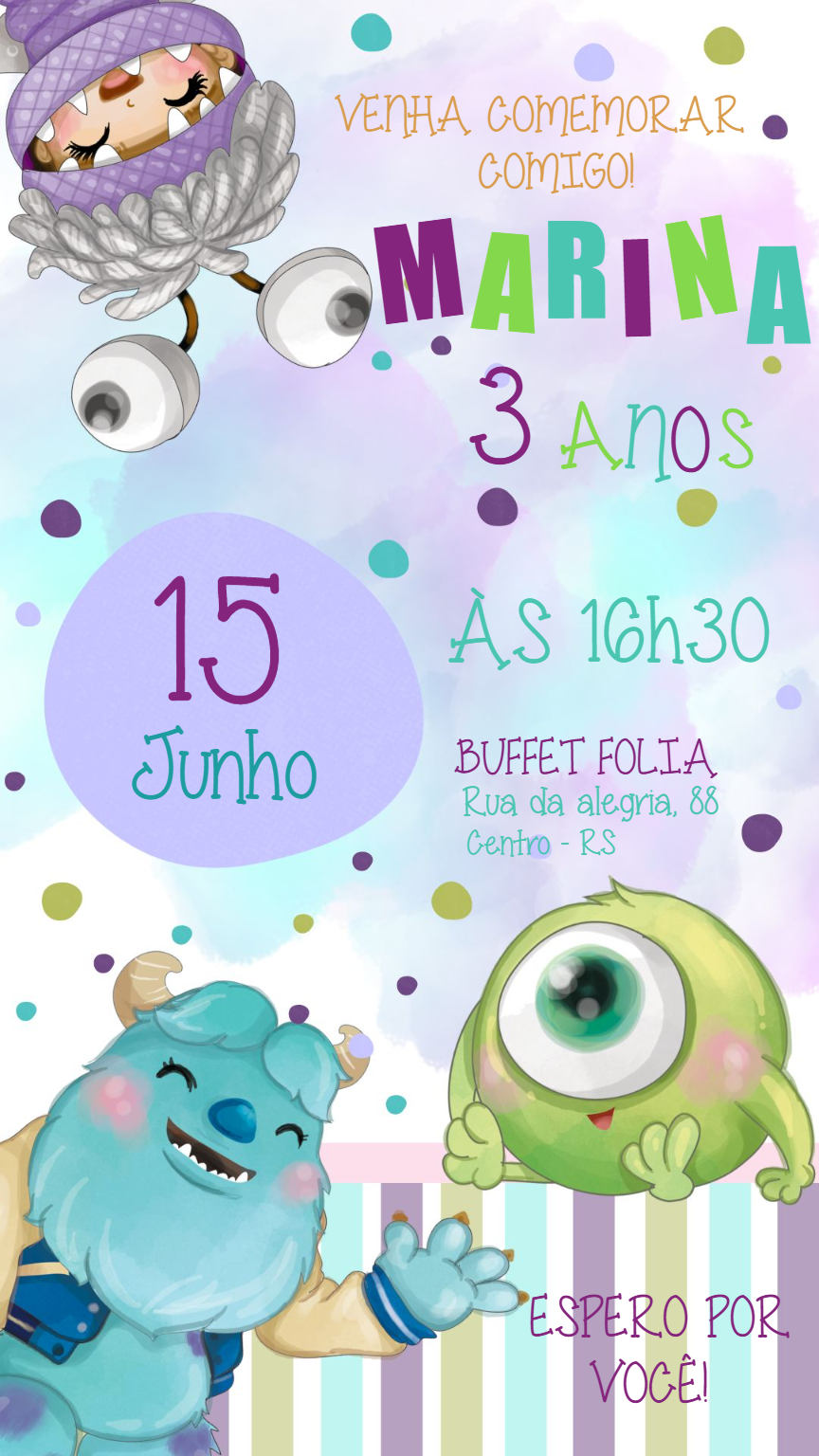 Convite de Aniversário Monstros S.A. Fofo para Editar Online Convite de Aniversário Monstros S.A. Fofo para Editar Online
