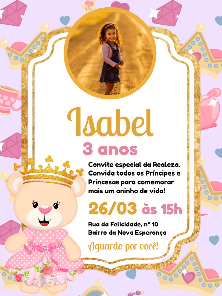 Convite Aniversário Ursinha Princesa com Foto para Editar Convite Aniversário Ursinha Princesa com Foto para Editar