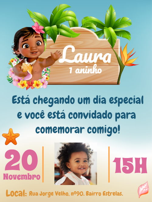 Convite Aniversário Moana Baby com Foto para Editar Online Convite Aniversário Moana Baby com Foto para Editar Online