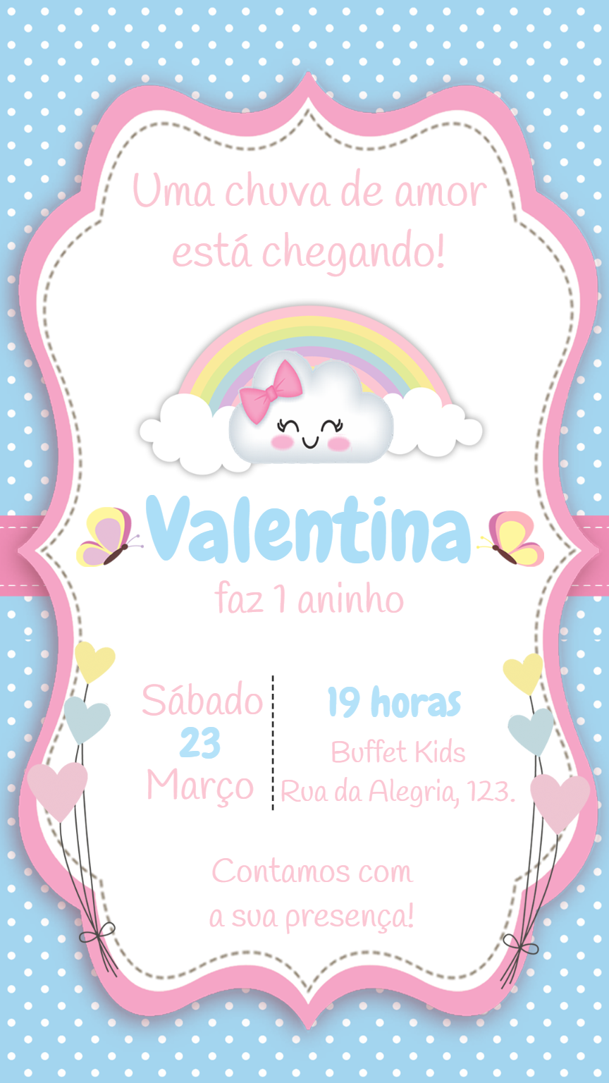 Convite Aniversário Chuva de Amor com Arco-íris para Editar Convite Aniversário Chuva de Amor com Arco-íris para Editar