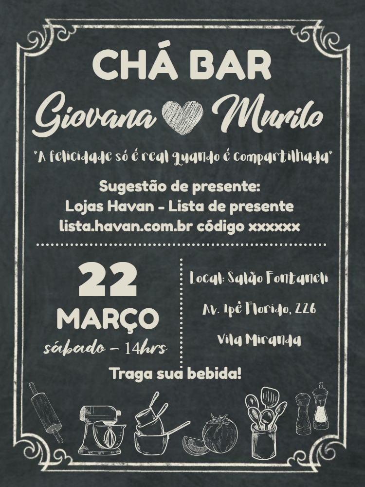 Convite Chá Bar Quadro Negro e Giz para Editar Online Convite Chá Bar Quadro Negro e Giz para Editar Online