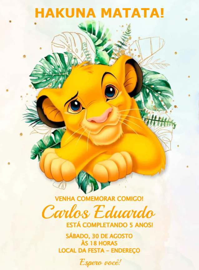 Convite Aniversário Rei Leão com Simba para Editar Online Convite Aniversário Rei Leão com Simba para Editar Online