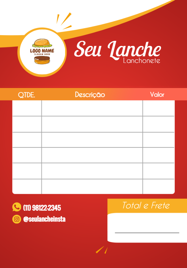 Comanda de Lanchonete Personalizável para Editar Online Comanda de Lanchonete Personalizável para Editar Online