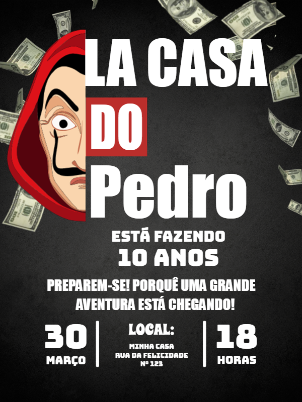 Convite Aniversário La Casa de Papel para Editar Online Convite Aniversário La Casa de Papel para Editar Online