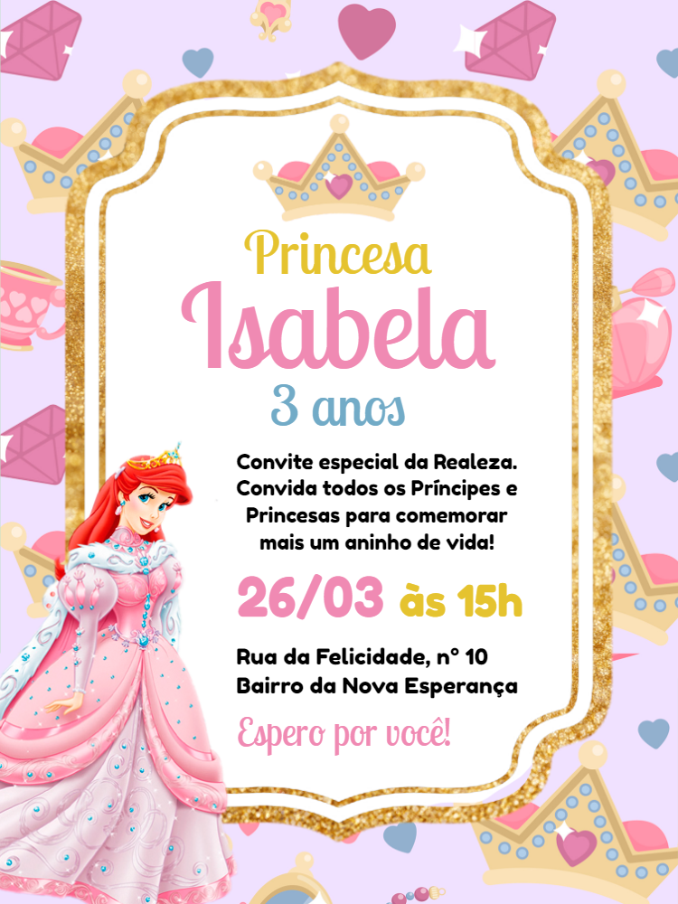 Convite de Aniversário Princesa Ariel Editável Online Convite de Aniversário Princesa Ariel Editável Online