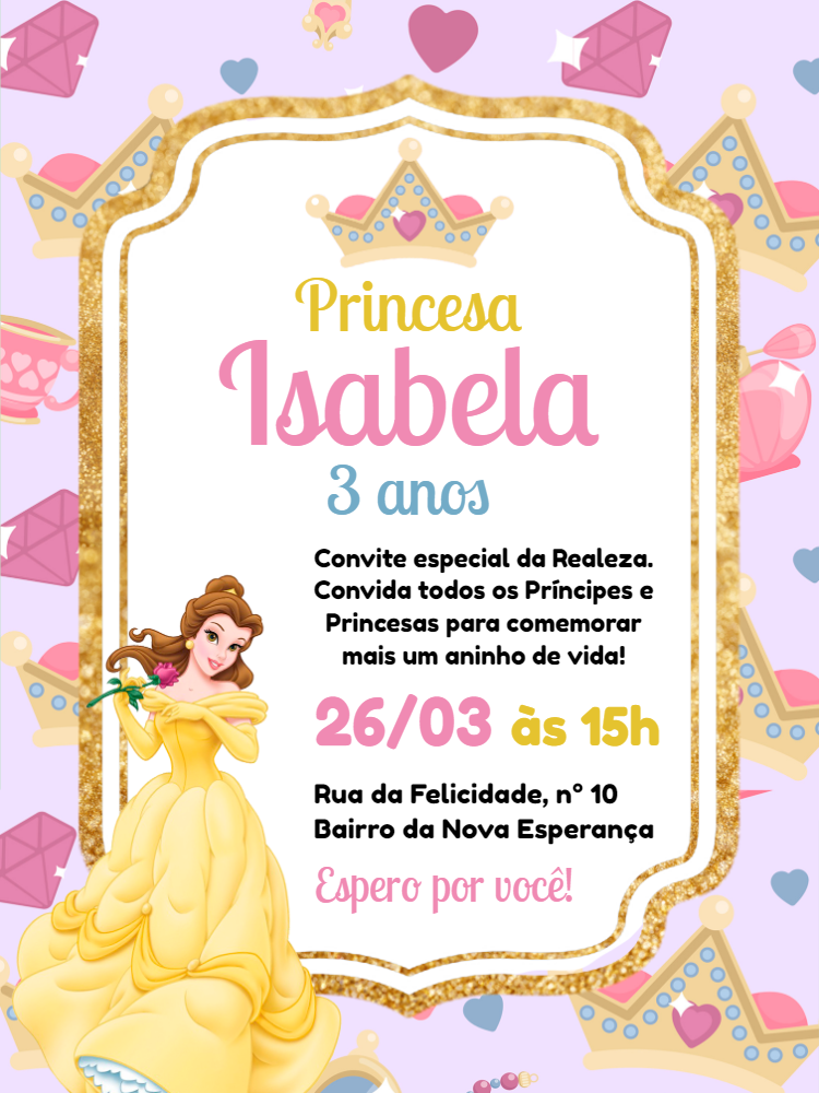 Convite Aniversário Princesa Bela Editável Online para Imprimir Convite Aniversário Princesa Bela Editável Online para Imprimir