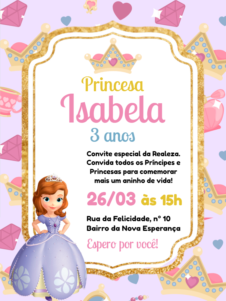 Convite de Aniversário Princesa Sofia para Editar Online Convite de Aniversário Princesa Sofia para Editar Online