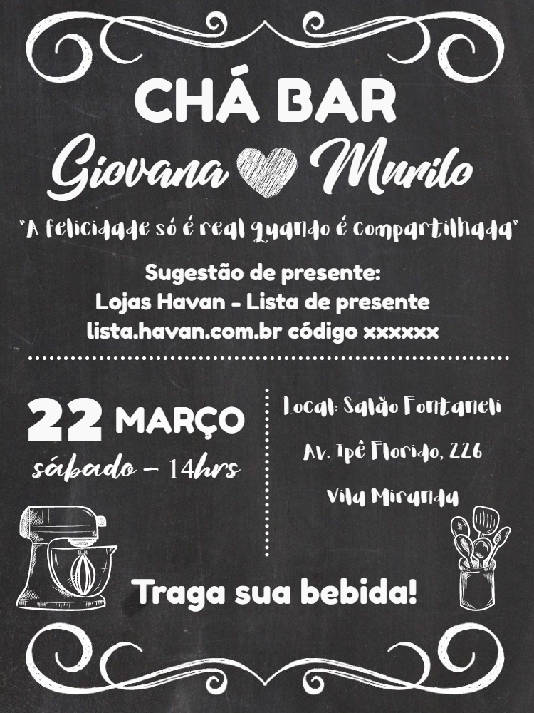 Convite Chá Bar Quadro Negro para Editar e Imprimir Convite Chá Bar Quadro Negro para Editar e Imprimir