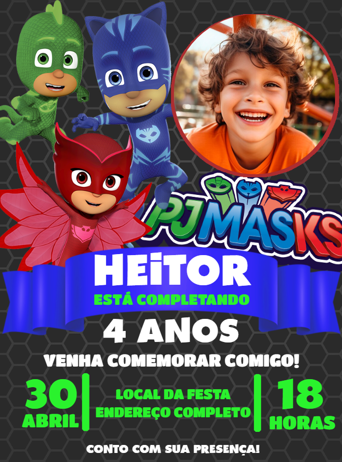 Convite Aniversário PJ Masks com Foto para Editar Online Convite Aniversário PJ Masks com Foto para Editar Online