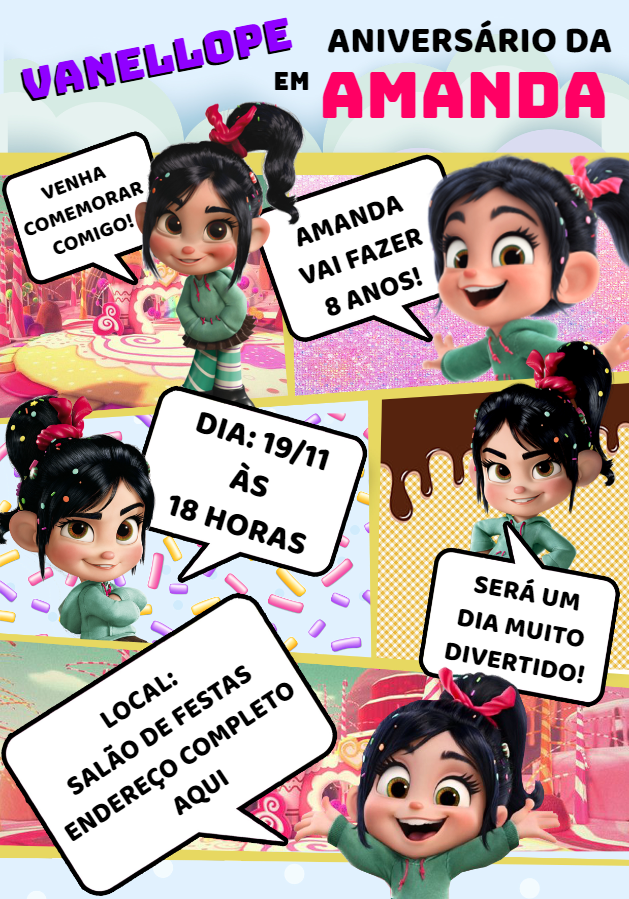 Convite de Aniversário Vanellope Detona Ralph para Editar Convite de Aniversário Vanellope Detona Ralph para Editar