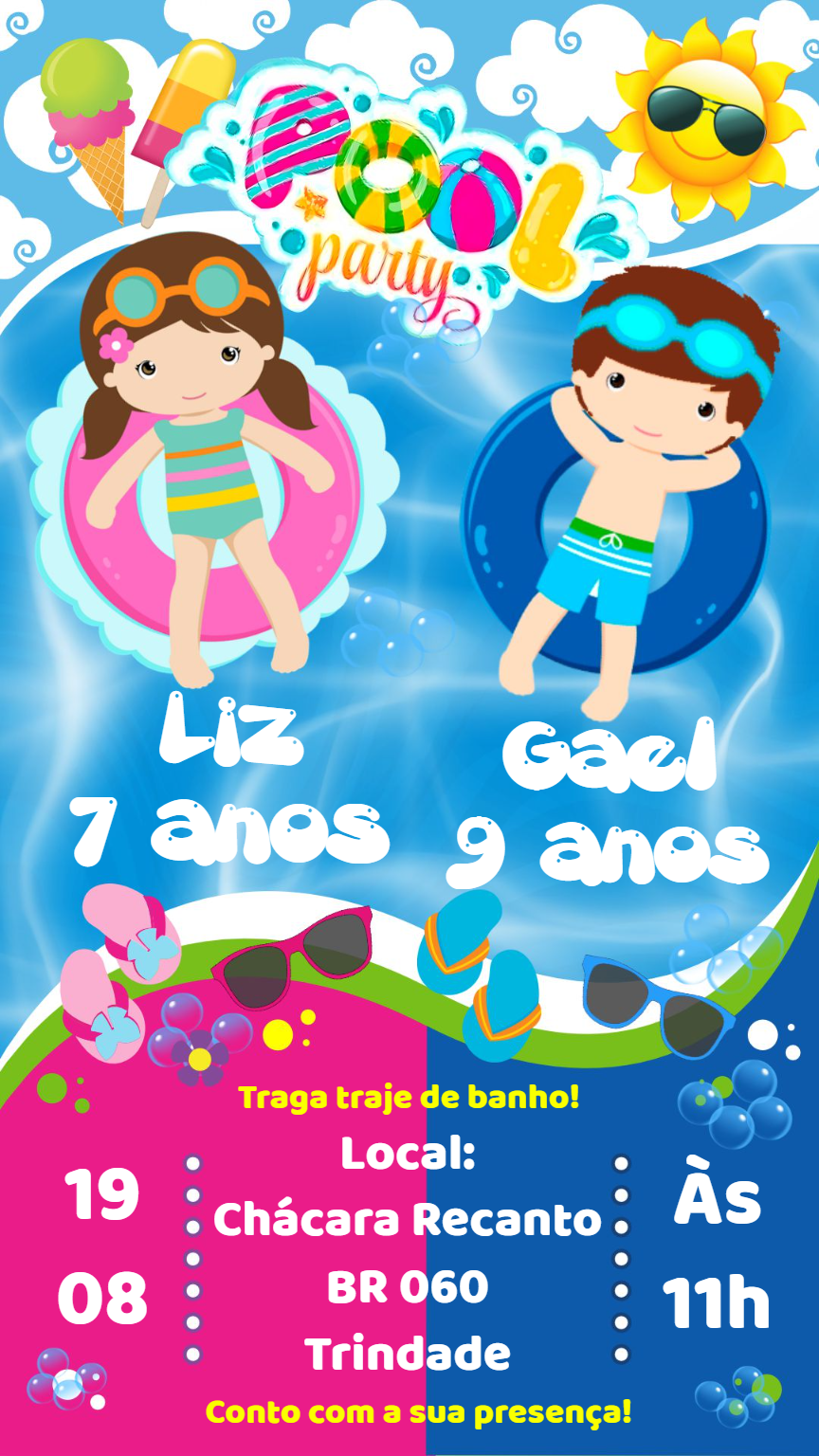 Convite Pool Party Menina e Menino para Editar Online Convite Pool Party Menina e Menino para Editar Online