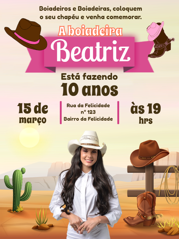 Convite Aniversário Boiadeira com Foto para Editar Online Convite Aniversário Boiadeira com Foto para Editar Online