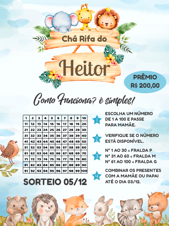 Convite Chá Rifa Safari com Animais para Editar Online Convite Chá Rifa Safari com Animais para Editar Online