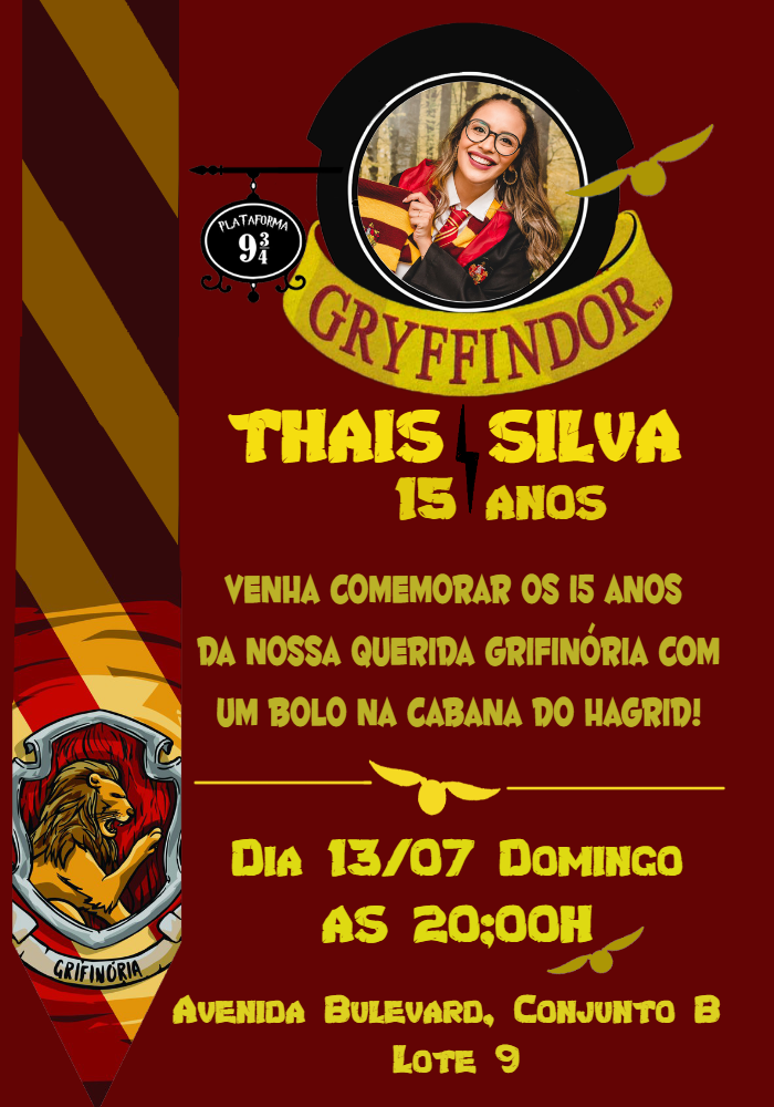 Convite Aniversário Harry Potter Grifinória com Foto para Editar Convite Aniversário Harry Potter Grifinória com Foto para Editar
