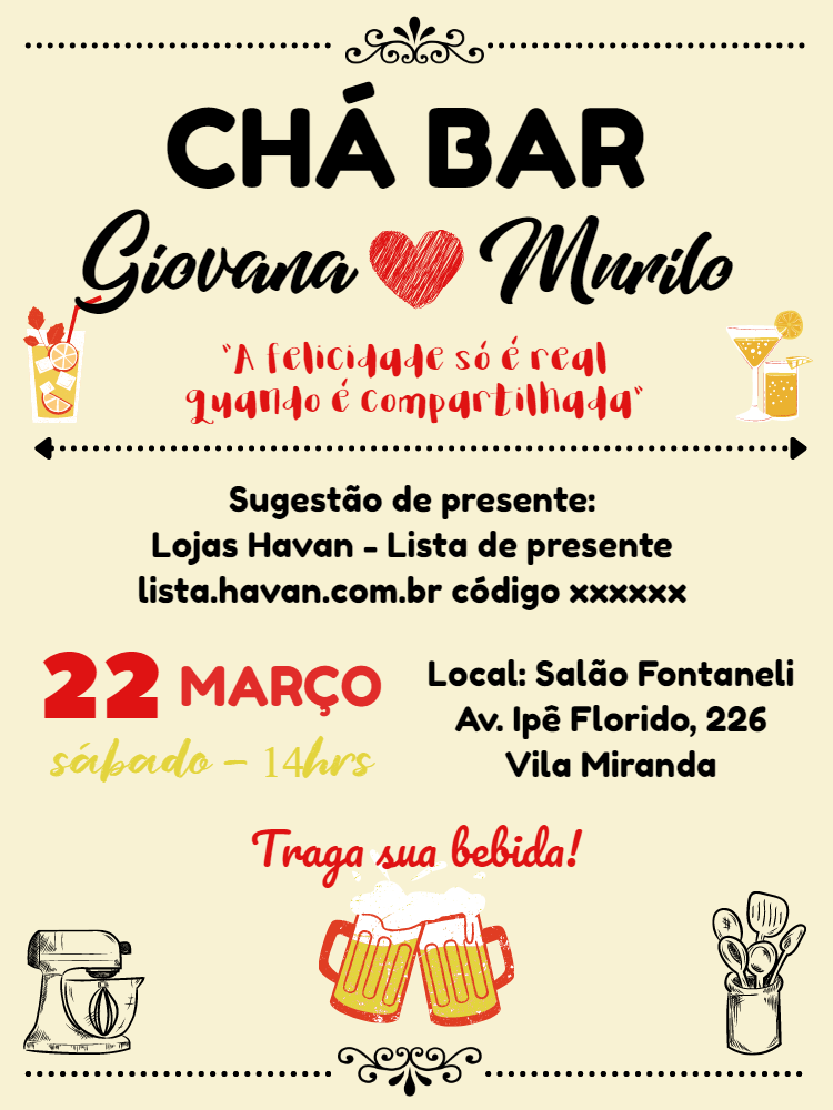 Convite de Chá Bar com Coração e Cerveja para Editar Convite de Chá Bar com Coração e Cerveja para Editar