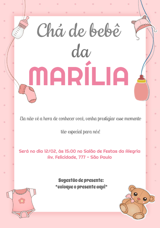Convite Chá de Bebê Ursinha Rosa Delicado para Editar Online Convite Chá de Bebê Ursinha Rosa Delicado para Editar Online